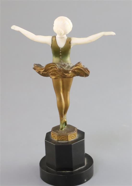 Ferdinand Preiss (1882-1943). A patinated bronze and ivory figure of girl ballerina, height 6.5in.